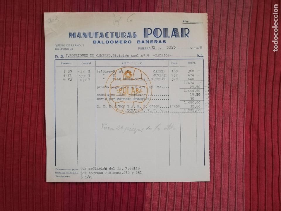 Factures anciennes: FACTURA. BALDOMERO BA&Ntilde;ERAS. MANUFACTURAS POLAR. FABARA, ZARAGOZA, 1968.