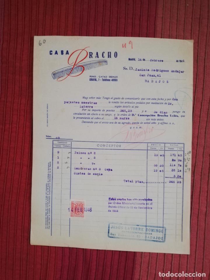 Factures anciennes: FACTURA. PEINES-GAFAS-DEDALES. CASA BRACHO. MADRID, 1946.