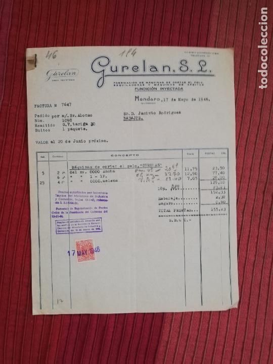 Factures anciennes: FACTURA. FABRICACION DE MAQUINAS PARA CORTAR EL PELO. GURELAN, S.L. MANDARO, GUIPUZCOA, 1946.