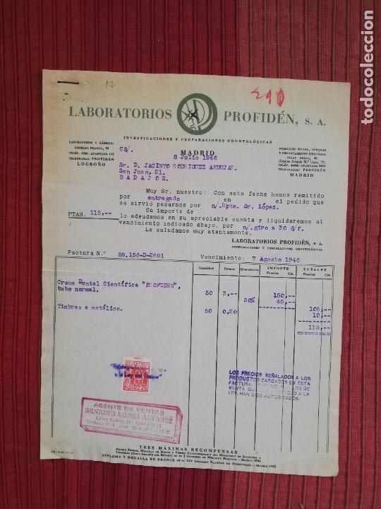 Facturas antiguas: FACTURA. LABORATORIOS PROFIDEN. MADRID. 1946. - Foto 1