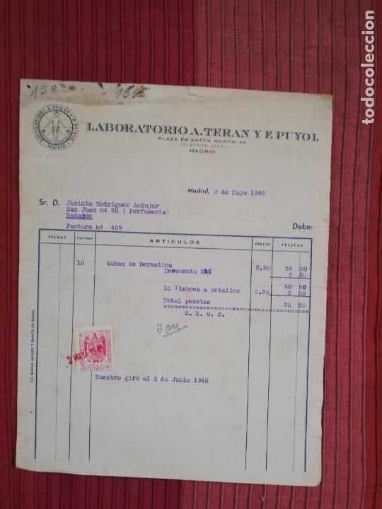 Factures anciennes: FACTURA. LABORATORIOS A. TERAN Y F. PUYOL. MADRID, 1946.