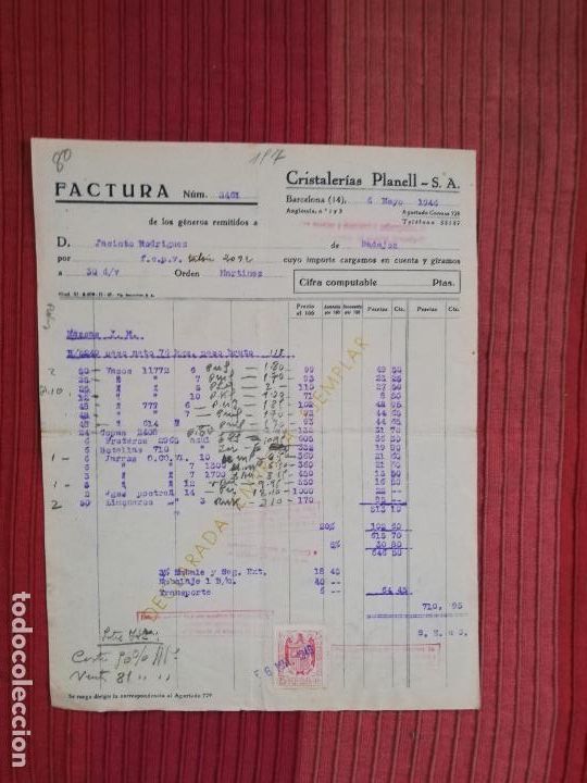 Factures anciennes: FACTURA. CRISTALERIAS PLANELL, S.A. BARCELONA, 1946.