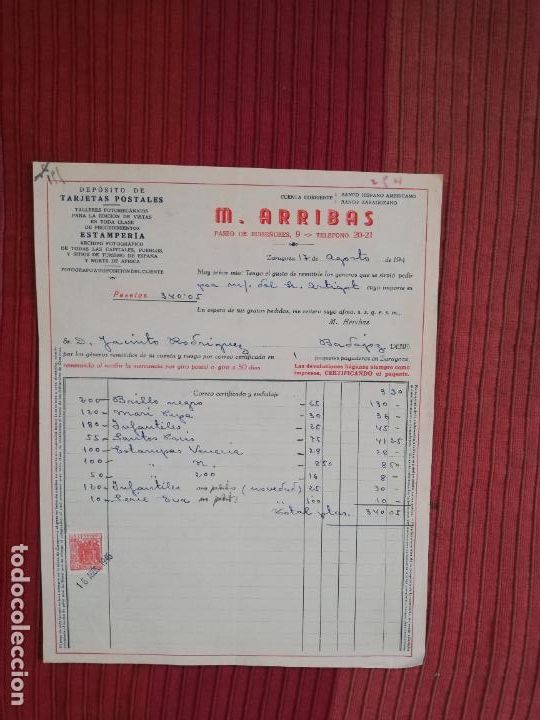 Factures anciennes: FACTURA. DEPOSITO DE TARJETAS POSTALES. ESTAMPERIA. M. ARRIBAS. ZARAGOZA. 1946.