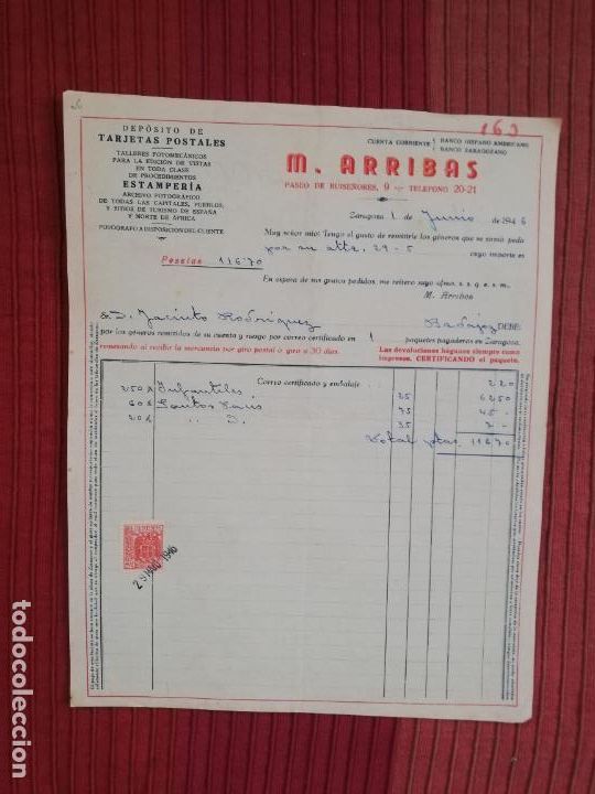 Factures anciennes: FACTURA. DEPOSITO DE TARJETAS POSTALES. ESTAMPERIA. M. ARRIBAS. ZARAGOZA. 1946.