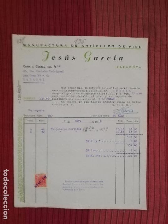Factures anciennes: FACTURA. JESUS GARCIA. MANUFACTURA DE ARTICULOS DE PIEL. ZARAGOZA, 1946.