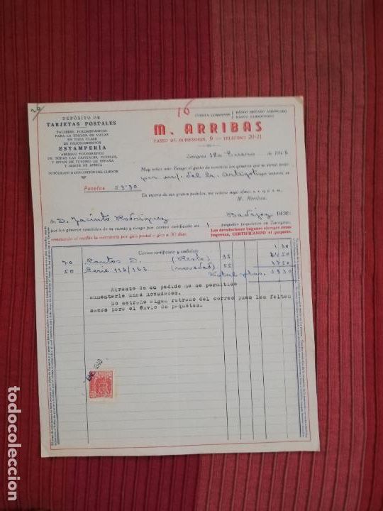Factures anciennes: FACTURA. DEPOSITO DE TARJETAS POSTALES. ESTAMPERIA. M. ARRIBAS. ZARAGOZA. 1946.