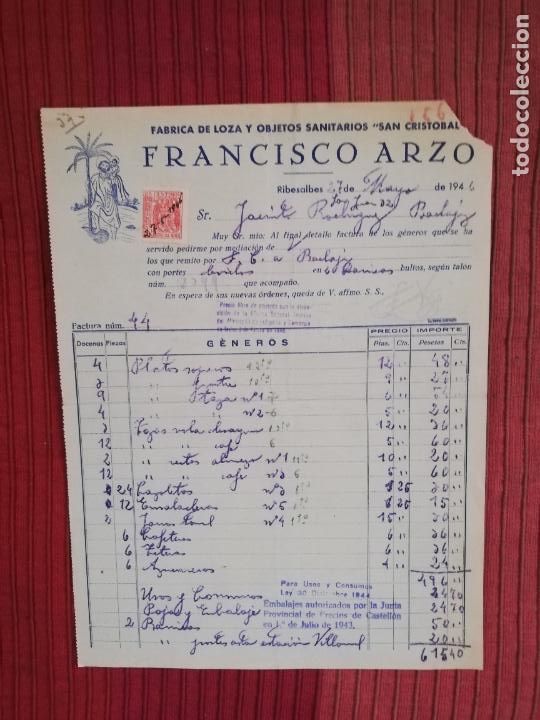 Factures anciennes: FACTURA. FABRICA DE LOZA Y OBJETOS SANITARIOS SAN CRISTOBAL. FCO. ARZO. RIBESALBES, VALENCIA, 1946.