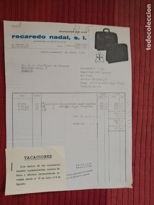 Factures anciennes: FACTURA. RECADERO NADAL, S. L. MANUFACTURA DE ARTICULOS DE PIEL. CHIRIVELLA, VALENCIA, 1970.