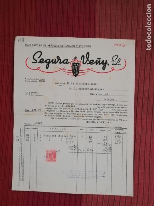 Factures anciennes: FACTURA. SEGURA Y VE&Ntilde;Y, S.L. MANUFACTURA DE ARTICULOS DE GALALITH Y CELULOIDE. MANACOR,MALLORCA,1946