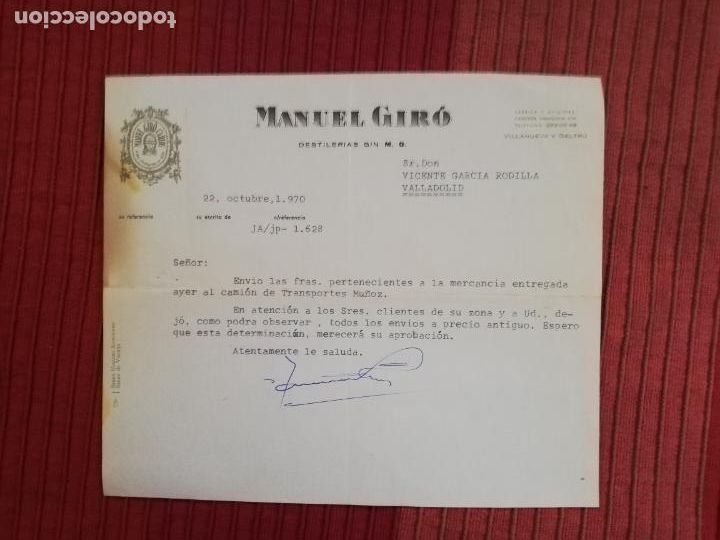 Factures anciennes: CARTA COMERCIAL. DESTILERIAS GIN M.G. MANUEL GIRO. VILLANUEVA Y GELTRU, BARCELONA, 1970.