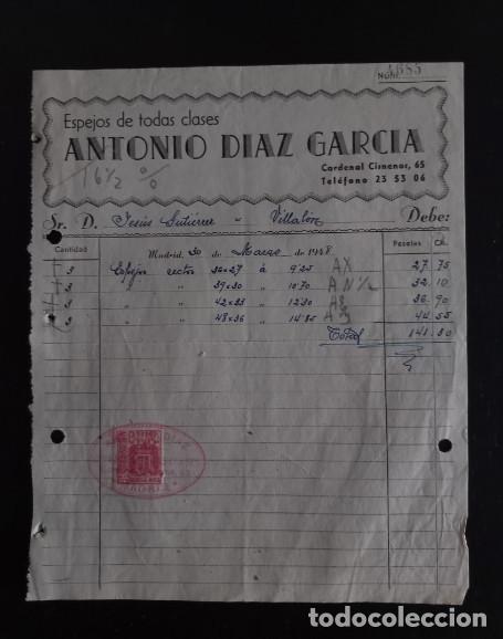 Factures anciennes: FACTURA DEL A&Ntilde;O 1948, ESPEJOS DE TODAS CLASES, ANTONIO DIAZ GARCIA