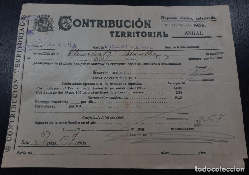 Factures anciennes: CONTRIBUCION TERRITORIAL, VILLALPANDO, ZAMORA, 1938