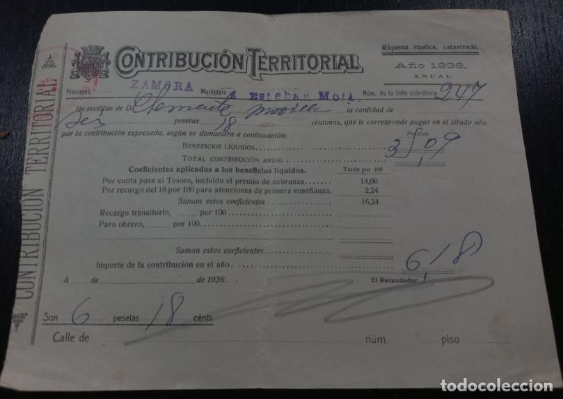 Factures anciennes: CONTRIBUCION TERRITORIAL, ESTEBAN DEL MOLAR, ZAMORA, 1936