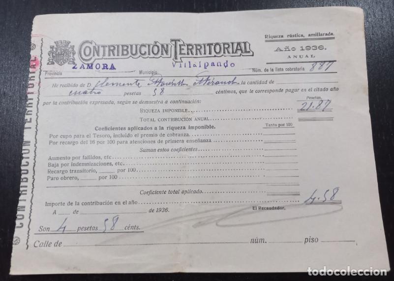 Factures anciennes: CONTRIBUCION TERRITORIAL, VILLALPANDO, ZAMORA, 1936