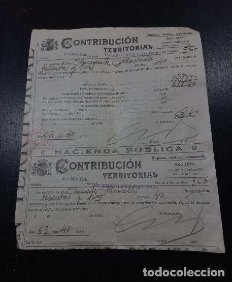 Factures anciennes: HACIENDA PUBLICA, CONTRIBUCION TERRITORIAL, CERECINOS DE CAMPOS, ZAMORA, 1935