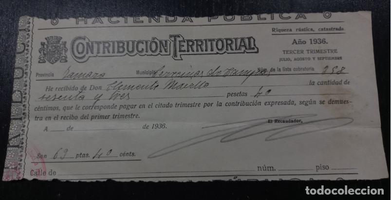 Factures anciennes: HACIENDA PUBLICA, CONTRIBUCION TERRITORIAL, CERECINOS DE CAMPOS, ZAMORA, 1936