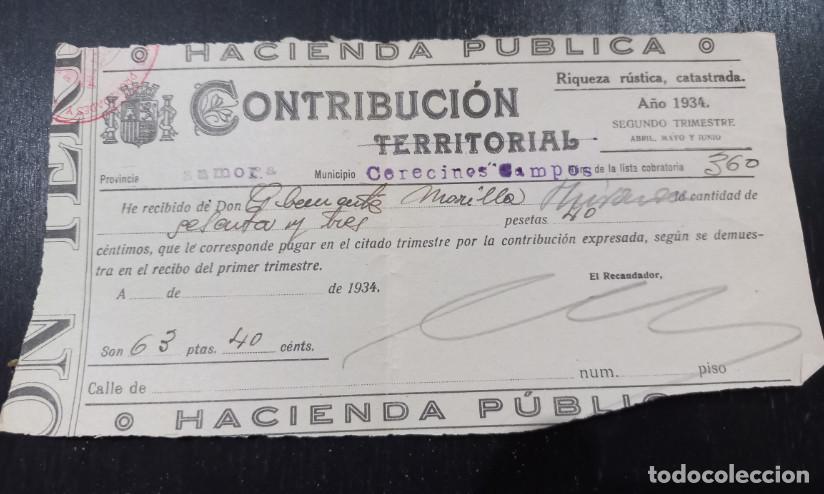 Factures anciennes: HACIENDA PUBLICA, CONTRIBUCION TERRITORIAL, CERECINOS DE CAMPOS, ZAMORA, 1934
