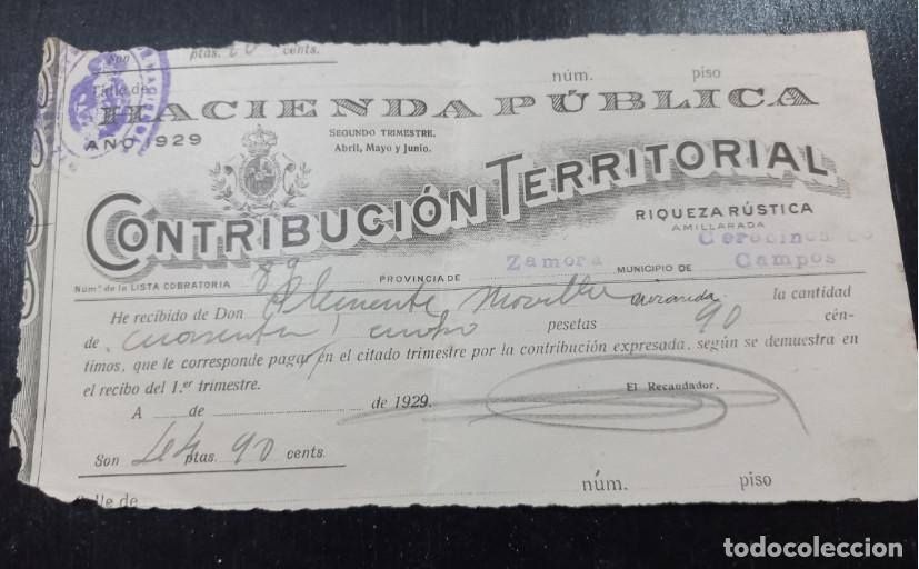 Factures anciennes: HACIENDA PUBLICA, CONTRIBUCION TERRITORIAL, CERECINOS DE CAMPOS, ZAMORA, 1929