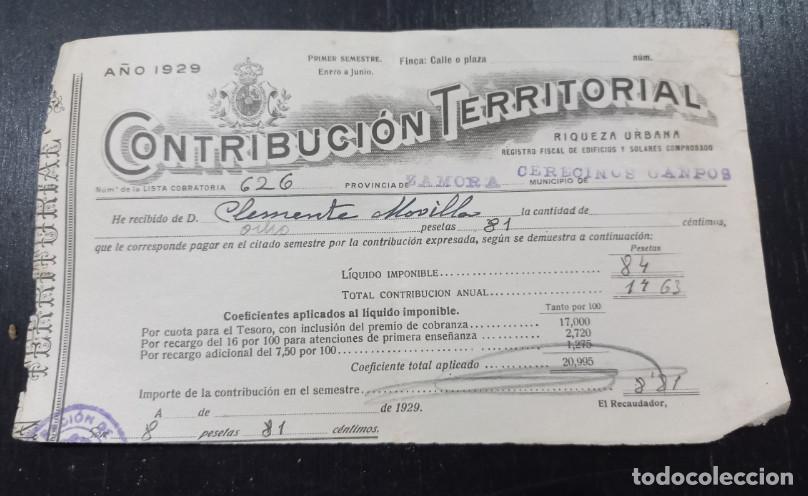 Factures anciennes: HACIENDA PUBLICA, CONTRIBUCION TERRITORIAL, CERECINOS DE CAMPOS, ZAMORA, 1929, 1&ordm;
