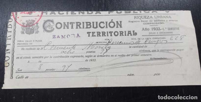 Factures anciennes: HACIENDA PUBLICA, CONTRIBUCION TERRITORIAL, CERECINOS DE CAMPOS, ZAMORA, 1933