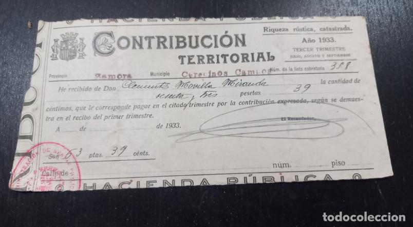 Factures anciennes: HACIENDA PUBLICA, CONTRIBUCION TERRITORIAL, CERECINOS DE CAMPOS, ZAMORA, 1933, 2&ordm;