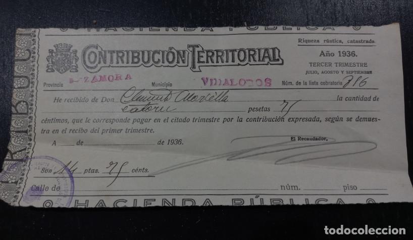 Facturas antiguas: HACIENDA PUBLICA, CONTRIBUCION TERRITORIAL, VILLALOBOS, ZAMORA, 1936