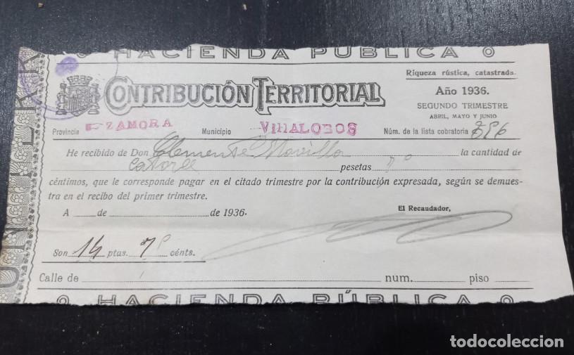 Facturas antiguas: HACIENDA PUBLICA, CONTRIBUCION TERRITORIAL, VILLALOBOS, ZAMORA, 1936, 1&ordm;