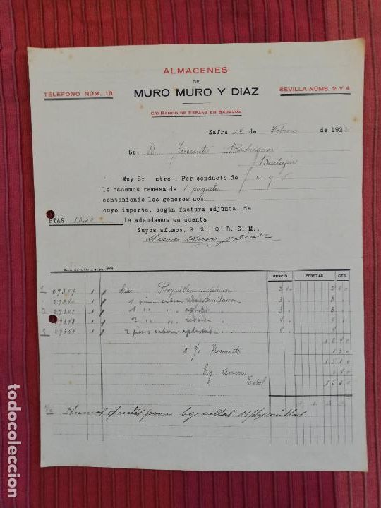 Facturas antiguas: FACTURA. ALMACENES DE MURO MURO Y DIAZ. ZAFRA, 1922.