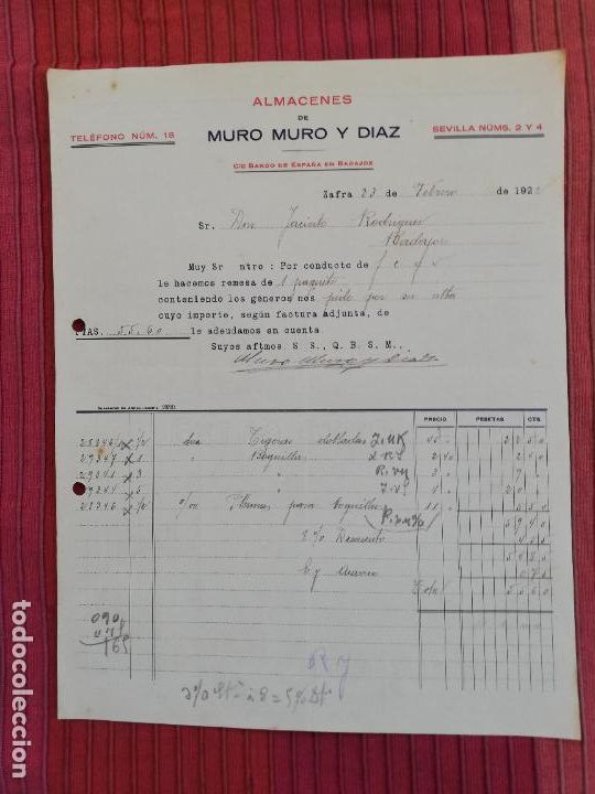 Facturas antiguas: FACTURA. ALMACENES DE MURO MURO Y DIAZ. ZAFRA, 1922.
