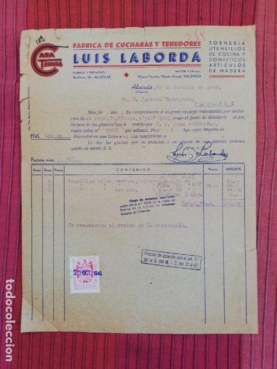Facturas antiguas: FACTURA. FABRICA DE CUCHARAS Y TENEDORES. LUIS LABORDA. CASA TARREGA. ALACUAS, VALENCIA, 1946.
