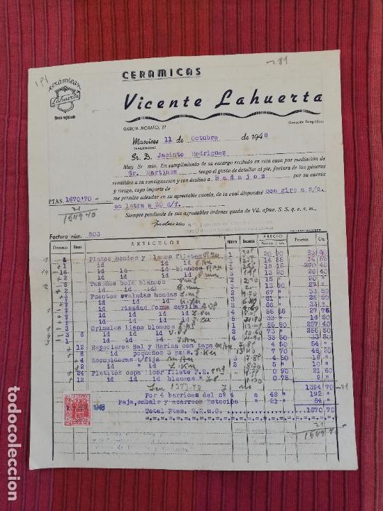 Facturas antiguas: FACTURA. CERAMICAS LAHUERTA. VICENTE LAHUERTA. MANISES, VALENCIA, 1948.