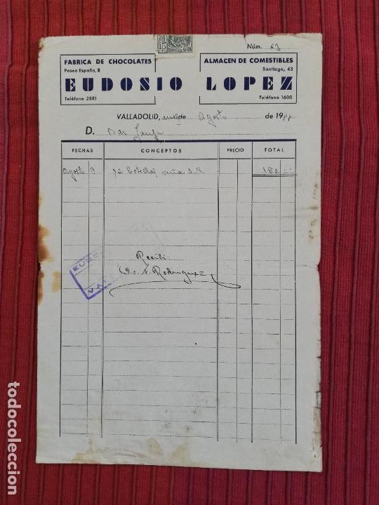 Facturas antiguas: FACTURA. FABRICA DE CHOCOLATES. EUDOSIO LOPEZ. VALLADOLID, 1944.