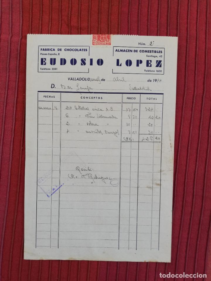 Facturas antiguas: FACTURA. FABRICA DE CHOCOLATES. EUDOSIO LOPEZ. VALLADOLID, 1944.