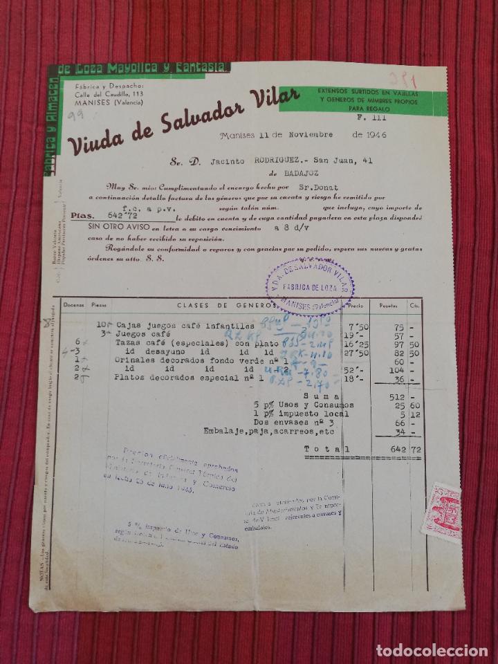 Facturas antiguas: FACTURA. FABRICA Y ALMACEN DE LOZA MAYOLICA Y FANTASIA. VDA DE SALVADOR VILAR. MANISES,VALENCIA,1946