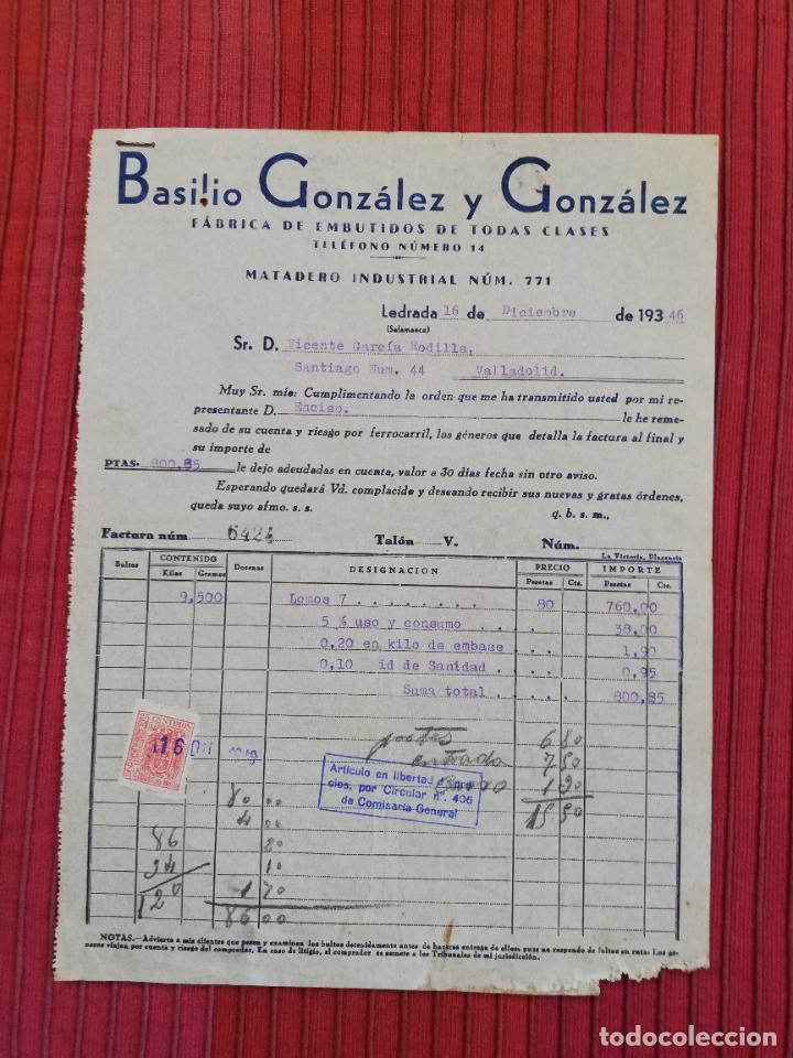 Facturas antiguas: FACTURA. FABRICA DE EMBUTIDOS. BASILIO GONZALEZ Y GONZALEZ. LEDRADA, SALAMANCA, 1946.