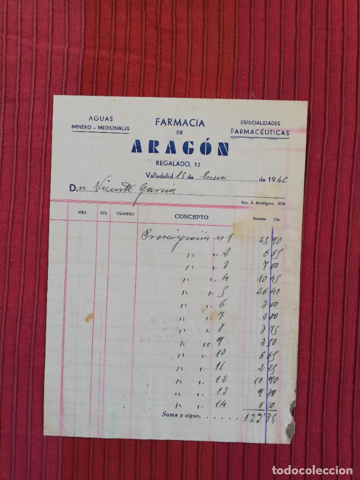 Facturas antiguas: FACTURA. FARMACIA DE ARAGON. AGUAS MEDICINALES. VALLADOLID, 1945.