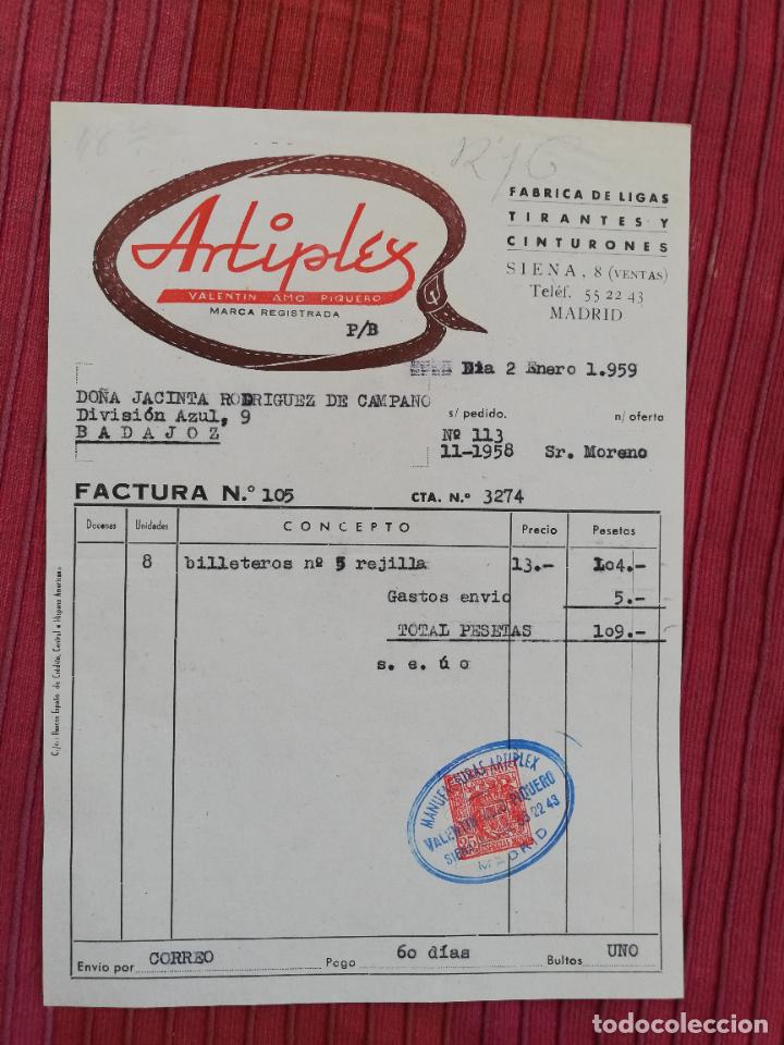 Facturas antiguas: FACTURA. FABRICA DE LIGAS-TIRANTES-CINTURONES. ARTIPLEX. MADRID, 1959.