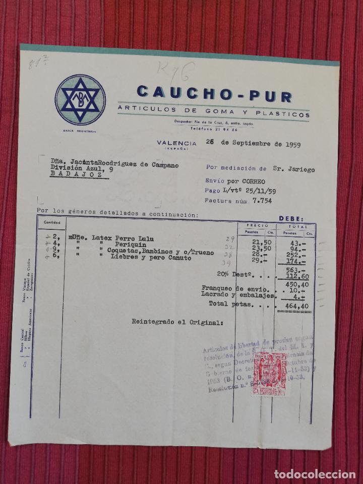 Facturas antiguas: FACTURA. ARTICULOS DE GOMA Y PLASTICOS. CAUCHO-PUR. VALENCIA, 1959.
