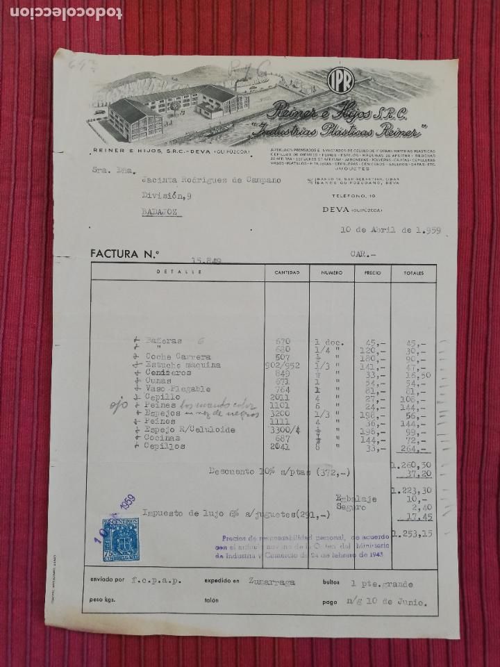 Facturas antiguas: FACTURA. INDUSTRIAS PLASTICAS REINER. REINER E HIJOS. DEVA, GUIPUZCOA. 1959.
