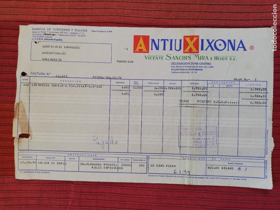 Facturas antiguas: FACTURA. FABRICA DE TURRONES Y DULCES. ANTIU XIXONA. VICENTE SANCHIS MIRA E HIJOS. ALICANTE, 1978.