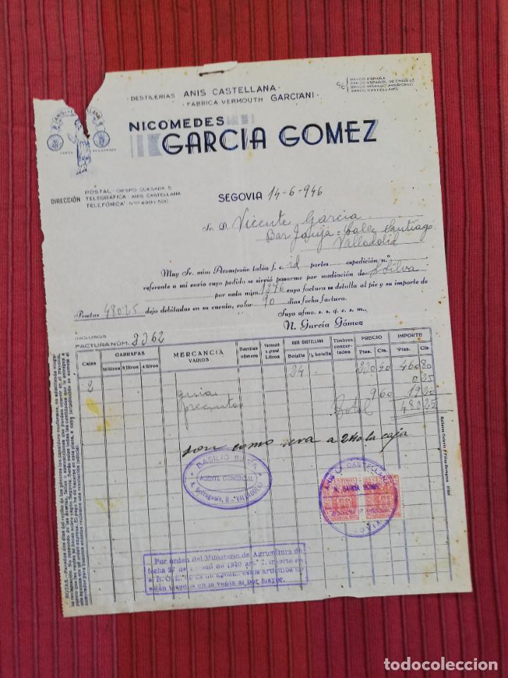 Factures anciennes: FACTURA. DESTILERIAS ANIS CASTELLANA. FABRICA DE VERMOUTH GARCIANI. NICOMEDES G&ordf;.GOMEZ. SEGOVIA,1946