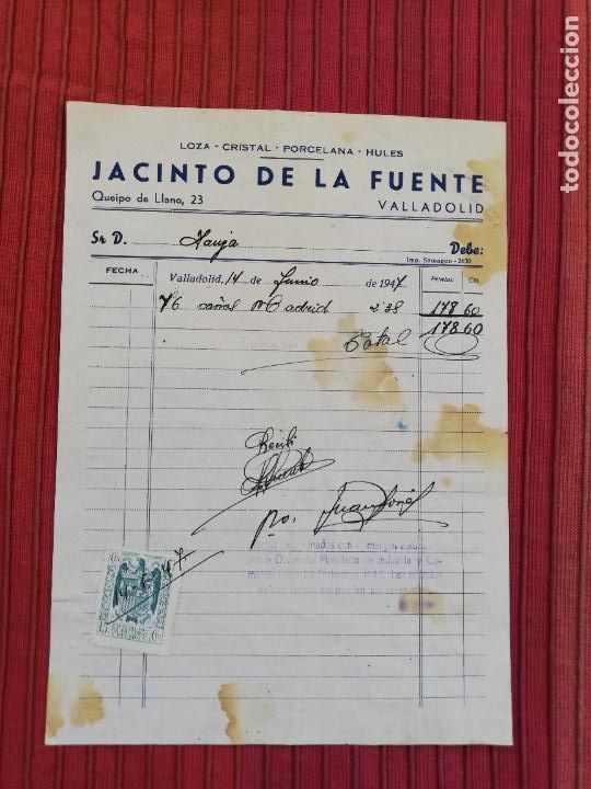 Factures anciennes: FACTURA. LOZA-CRISTAL-PORCELANA-HULES. JACINTO DE LA FUENTE. VALLADOLID, 1947.