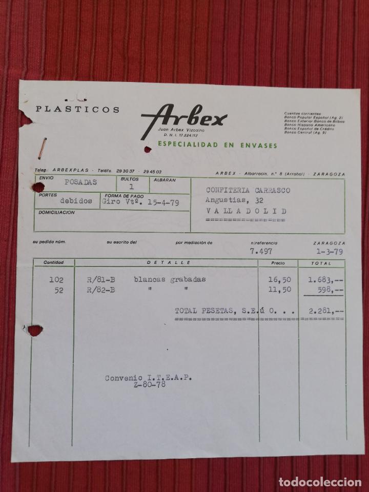 Facturas antiguas: FACTURA. PLASTICOS ARBEX. ESPECIALIDAD EN ENVASES. ZARAGOZA, 1979.