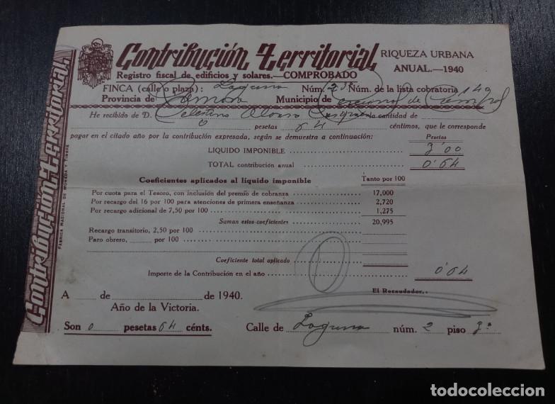 Facturas antiguas: HACIENDA PUBLICA, CONTRIBUCION TERRITORIAL, CERECINOS DE CAMPOS, ZAMORA, 1940, 2&ordf;