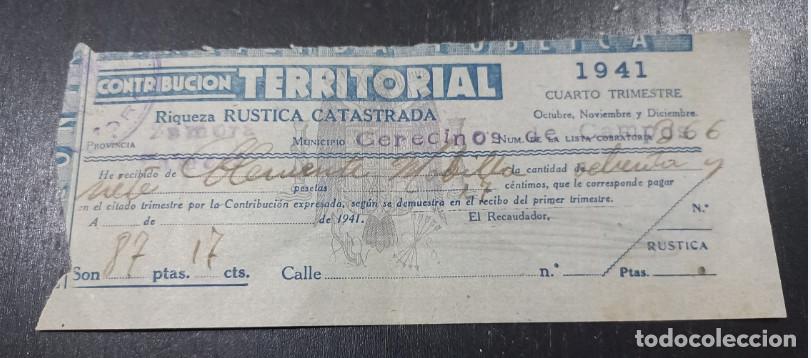Facturas antiguas: HACIENDA PUBLICA, CONTRIBUCION TERRITORIAL, CERECINOS DE CAMPOS, ZAMORA, 1941