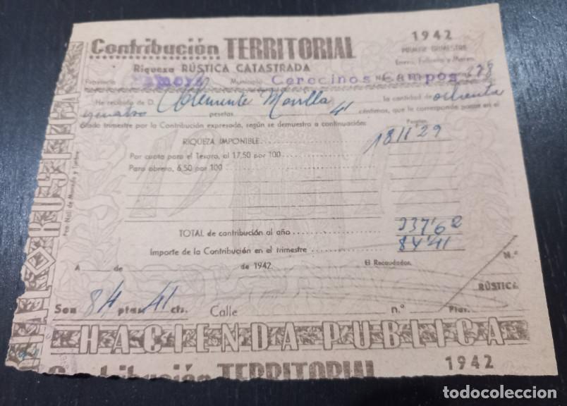 Facturas antiguas: HACIENDA PUBLICA, CONTRIBUCION TERRITORIAL, CERECINOS DE CAMPOS, ZAMORA, 1942