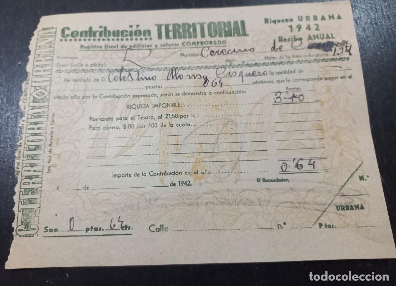 Facturas antiguas: HACIENDA PUBLICA, CONTRIBUCION TERRITORIAL, CERECINOS DE CAMPOS, ZAMORA, 1942, 4&ordf;