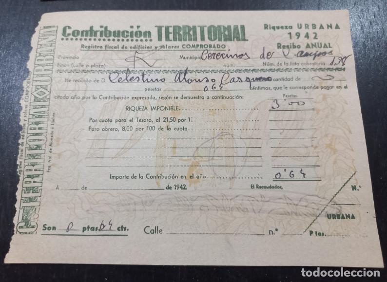 Facturas antiguas: HACIENDA PUBLICA, CONTRIBUCION TERRITORIAL, CERECINOS DE CAMPOS, ZAMORA, 1942, 5&ordf;
