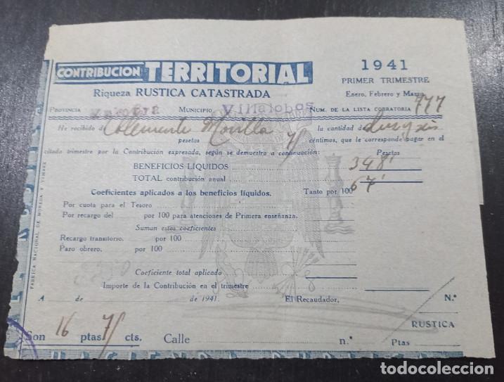 Facturas antiguas: HACIENDA PUBLICA, CONTRIBUCION TERRITORIAL, VILLALOBOS, 1941