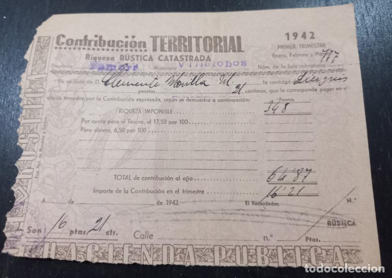 Facturas antiguas: HACIENDA PUBLICA, CONTRIBUCION TERRITORIAL, VILLALOBOS, 1942